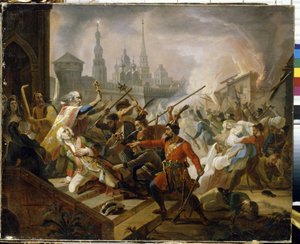 Ruská rolnická válka 1773-1775 (Jackson of the Yaik Cossacks): Bitva u Kazaně v červenci 1774, dějiště povstání Emeliana Ivanoviče Pougatcheva (Iemelian nebo Emilien Pougatchov) (1742-1775). (Pugačevova bitva o Kazaň v červenci 1774. od Fyodor Antonovich Molier
