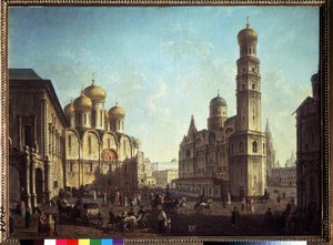 Náměstí katedrály v moskevském Kremlu. Obraz Fjodora Jakovleviče Alexejeva (1753-1824). Olej na plátně, 81,5 x 112 cm. Ruský klasicismus umění. Státní Treťjakovská galerie, Moskva.