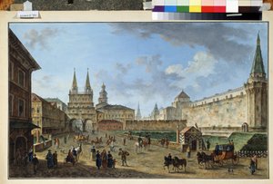 Moskva, pohled na bránu vzkříšení na Rudém náměstí. Obraz Fjodora Jakovleviče Alexejeva (1753-1824). Akvarel a kvaš na papíře, 58,2 x 91,2 cm, cca 1801. Ruské umění, klasicismus. Muzeum