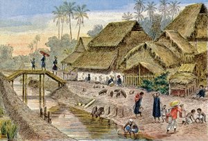 Annamese vesnice, Francouzská Indočína, cca 1900 (ilustrace)