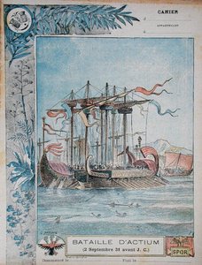 Obálka školního sešitu znázorňující bitvu u Actia, 2. září 31 př. n. l., kolem roku 1900 (barevně lito)