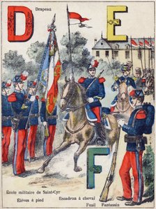 Písmena D E F: Vlajka, Vojenská škola Saint-Cyr (Saint Cyr), Pěší Elévé, Horse Squadron, Rifle and Fantassin, kolem roku 1900 (litografie)