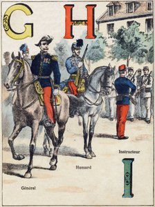 Písmena G H I: Generál, Hussard a Instruktor. Gravírování v "Alphabet militaire", série Grand-Bebe. Rytina. Pont-a-Mousson zobrazování. Louis Vagne, Printer-Publisher, circa 1900. Ilustrace G. Dascher. 20 stran. Rozměr: 31,5 x 24,5 cm od G. Dascher