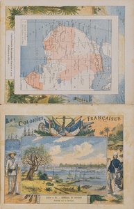 Mapa francouzských držav a sfér vlivu v Africe a pohled na řeku Senegal, obálka školního sešitu, konec 19. století (barevná rytina)