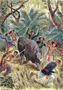 Lov nosorožců, Francouzská Indočína, cca 1900 (ilustrace)