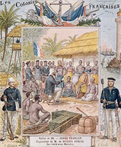 Průzkum pana de Brazza (1875-79) Jeho smlouva s Makoko, ilustrace z „Les Colonies Francaises“