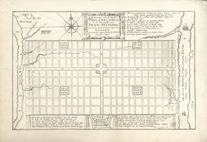 První plán pro Philadelphii, navržený Williamem Pennem a Thomasem Holmem v roce 1682, 1684 od G. Drogenham