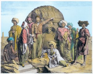 Archeolog Bernardino Drovetti měřící kolosální hlavu v egyptské poušti, 1819 od G Engelmann