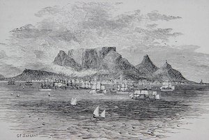 Kapské město při pohledu z Table Bay, Jižní Afrika, z „Galerie geografie“ od reverenda Thomase Milnera, publikované kolem roku 1880 (rytina) od G. F. (after) Sargent