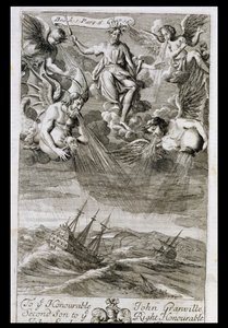 Jupiter vrhá bouři na oceán, ilustrace z 1. knihy, 6. části, 16. kapitoly knihy Anthonyho Le Granda "Principy filozofie", vyryl Johannes Kip (16523-1722), 1694.