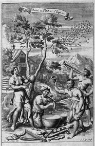Hudební scéna, ilustrace z knihy 2, část 2, kapitola 7 knihy „Principy filozofie“ od Anthonyho Le Granda, vyryl Johannes Kip (1652/53-1722) od G Freman