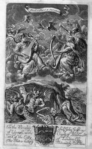 Scéna nebe a pekla, ilustrace z úvodu ke knize 1, část 3 knihy „Principy filozofie“ od Anthonyho Le Granda, vyryl Johannes Kip (1652/3-1722)