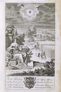 Boží oko sleduje sklizeň, ilustrace z knihy 1, část 2, kapitola 16 knihy „Principy filozofie“ od Anthonyho Le Granda, vyryl Michiel van der Gucht (1660-1725), 1694