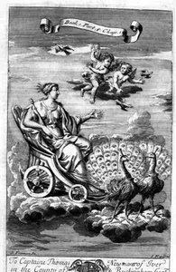 Venuše na voze taženém pávy, ilustrace z 1. knihy, 6. části, 13. kapitoly "Principů filozofie" od Anthonyho Le Granda, vyryl Johannes Kip (1652/3-1722)