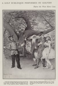 Golfová burleska v podání golfistů na výroční večeři West Herts Club (litho)