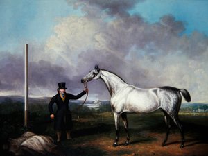 Gentleman držící šedého závodního koně na hřišti (olej na plátně) od G. Jackson