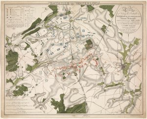 Kaart van de Slag u Waterloo, 1815 Bitva u Waterloo / Plán bitevního pole u Waterloo s názvem Belle-Alliance. Památné vítězství vybojované 18. června 1815 spojeneckými armádami (...) (název na předmětu) od G. Jacowick