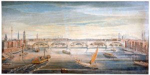 Pohled na nový London Bridge od západu, s čluny a čluny na Temži, 1831.