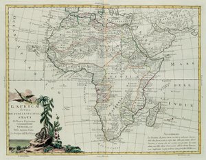 Afrika rozdělená na své hlavní státy, rytina G. Zuliani převzata z Toma I. z Nejnovějšího atlasu vydaného v Benátkách v roce 1776 Antoniem Zattou, Soukromá sbírka od G. Zuliani