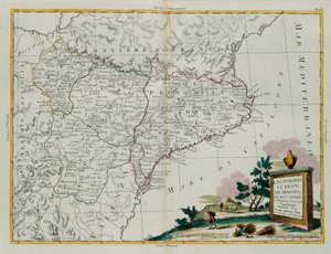 Catalonia, the Kingdoms of Aragons and Alta Navarra, rytina G. Zuliani převzatá z Toma I. z Nejnovějšího atlasu vydaného v Benátkách v roce 1775 Antoniem Zattou, Soukromá sbírka