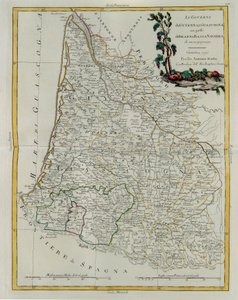 Governances of Guyenne and Gascogne with the Bearn and Lower Navarre, rytina G. Zuliani převzatá z Toma I. z Nejnovějšího atlasu vydaného v Benátkách v roce 1776 Antoniem Zattou, Soukromá sbírka od G. Zuliani