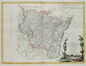 Governances of Lorraine, Barr and Alsace, rytina G. Zuliani převzatá z Toma I. z "Nejnovějšího atlasu" vydaného v Benátkách od Antonia Zatty, Soukromá sbírka od G. Zuliani
