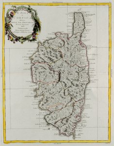 Ostrov Korsika rozdělený na své provincie, rytina G. Zuliani převzatá z Toma II z „Nejnovějšího atlasu“ vydaného v Benátkách v roce 1782 Antoniem Zattou, Soukromá sbírka od G. Zuliani