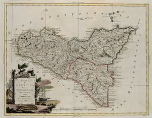Ostrov Sicílie, rozdělený na svá údolí, rytina G. Zuliani převzatá z Toma II z Nejnovějšího atlasu vydaného v Benátkách v roce 1782 Antoniem Zattou, Soukromá sbírka od G. Zuliani