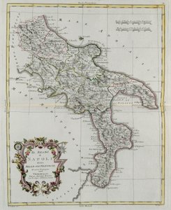 Neapolské království rozdělené na své provincie, rytina G. Zuliani převzatá z Toma II z „Nejnovějšího atlasu“ vydaného v Benátkách v roce 1781 Antoniem Zattou, Soukromá sbírka od G. Zuliani