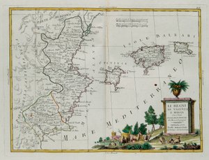 Království Valencie a Murcie s ostrovy Baleari a Pitiuse, rytina G. Zuliani převzatá z Toma I. z Nejnovějšího atlasu vydaného v Benátkách v roce 1775 Antoniem Zattou, Soukromá sbírka