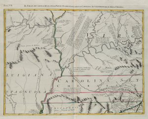 Země Cherokees se západní částí Severní Karolíny a Virginie, rytina G. Zuliani převzatá z Toma I. z „Nejnovějšího atlasu“ vydaného v Benátkách v roce 1778 Antoniem Zattou, Soukromá sbírka od G. Zuliani