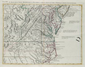 Maryland, jižní New Jersey, Delaware a východní část Virginie a Severní Karolíny, rytina G. Zuliani převzatá z Tome I z „Nejnovějšího atlasu“ vydaného v Benátkách v roce 1778 Antoniem Zattou, Soukromá sbírka od G. Zuliani
