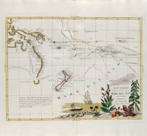 Nové objevy učiněné v letech 1775, 67 a 69 v jižních mořích, rytina G. Zuliani převzatá z Toma I. z Nejnovějšího atlasu vydaného v Benátkách v roce 1776 Antoniem Zattou, Soukromá sbírka od G. Zuliani