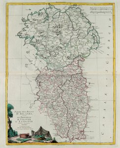 Část Irského království, tedy provincie Ulster a Leinster, rytina G. Zuliani převzatá z Toma I. z „Nejnovějšího atlasu“ vydaného v Benátkách roku 1778 Antoniem Zattou, Soukromá sbírka od G. Zuliani