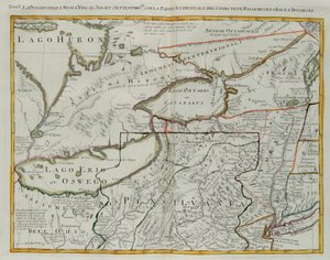 Pennsylvania, New York, jižní New Jersey, se západní částí Connecticutu, Massachusetts Bay a Land of the Iroquois, rytina G. Zuliani převzatá z Tome I z „Nejnovějšího atlasu“ vydaného v Benátkách v roce 1778 Antoniem Zattou, Private Collection od G. Zuliani