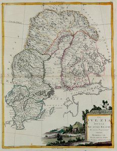 Švédsko rozdělené na svá království, rytina G. Zuliani převzatá z Toma III z „Nejnovějšího atlasu“ vydaného v Benátkách v roce 1781 Antoniem Zattou, Soukromá sbírka od G. Zuliani