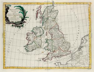 Britské ostrovy, na kterých se nachází Albion nebo Velká Británie a Ivernia nebo Malá Británie, rytina G. Zuliani převzatá z Toma I. z Nejnovějšího atlasu vydaného v Benátkách roku 1785 Antoniem Zattou