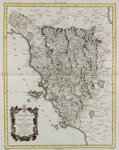 Toskánské velkovévodství rozdělené na své provincie, rytina G. Zuliani převzatá z Toma II z „Nejnovějšího atlasu“ vydaného v Benátkách v roce 1783 Antoniem Zattou, Soukromá sbírka