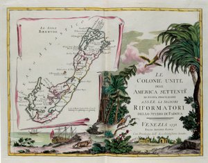 Bermudské ostrovy a frontispice části věnované Spojeným koloniím Severní Ameriky, rytina G. Zuliani převzatá z Toma I. z „Nejnovějšího atlasu“ vydaného v Benátkách v roce 1778 Antoniem Zattou, Soukromá sbírka od G. Zuliani