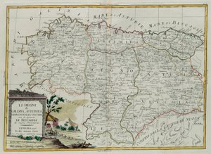 Království Galicie, Asturies, Leon, Castilla Vieja s Radou Biscallia, rytina G. Zuliani převzatá z Toma I. z Nejnovějšího atlasu vydaného v Benátkách roku 1776 Antoniem Zattou, Priva od G. Zuliani