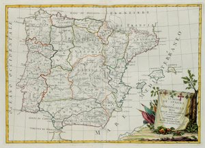 Španělská a portugalská království rozdělená na své provincie, rytina G. Zuliani převzatá z Toma I. z Nejnovějšího atlasu vydaného v Benátkách v roce 1775 Antoniem Zattou, Soukromá sbírka