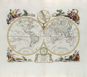 Mapa světa a obecný popis zeměkoule, rytina G. Zuliani převzatá z Toma I. z nejnovějšího atlasu vydaného v Benátkách v roce 1774 Antoniem Zattou