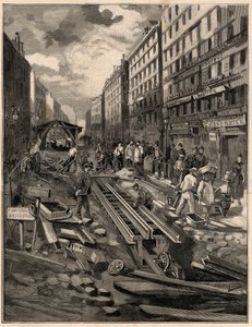 Lanová dráha Belleville, položila trať, rue de Belleville v roce 1894. Rytina po M.G. kresba de Burgrraffa. V „The Illustrous World“ z roku 1894. od G. de Burgraff