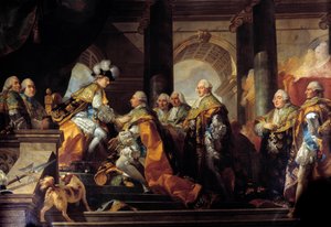 Král Ludvík XVI. (1754-1793) přijal v Remeši poctu rytířů Řádu Ducha svatého (Řád Svatého Ducha) po svém vysvěcení dne 13.06.1775 Detail. Obraz Gabriela Doyena (1726-1806) Sun. 3,45 x 4,85 m