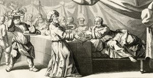 Ježíš pozval na večeři s farizeem, ilustrace z evangelia svatého Lukáše, kapitola 11:37, 1728 od Gabriel Francois Louis Debrie