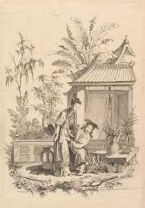 Chinoiserie scéna s postavami v krajině, 18. století.