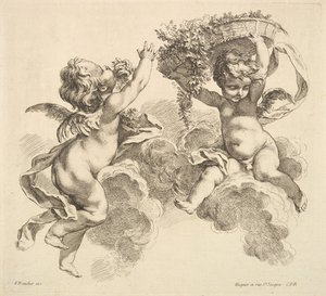 Dvě děti, jedno drží košík s květinami, 1738-45.