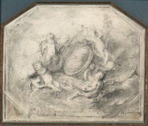Portrétní medailon krále Ludvíka XV. obklopeného Puttim nesoucí atributy slávy a historie od Gabriel Jacques de Saint Aubin