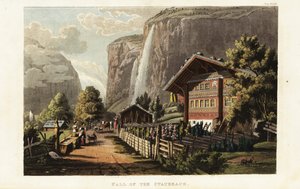 Pohled na Staubbach Fall, vodopád ve Švýcarsku, který se nachází západně nad Lauterbrunnen v Bernské vysočině od Gabriel Ludwig (after) Lory