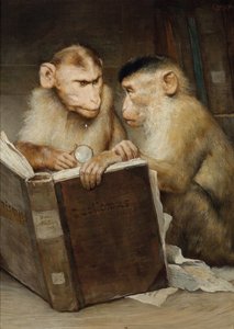 "Les savants"" (Učenci) Dvě opice držící otevřenou knihu - Obraz Gabriela Cornelia Ritter von Max (1840-1915) Soukromá sbírka
